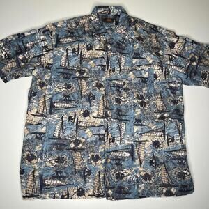 Route 66 Hawaiian Shirt Men’s XL Sailboat Palm Tree Print Rayon Vintage Aloha